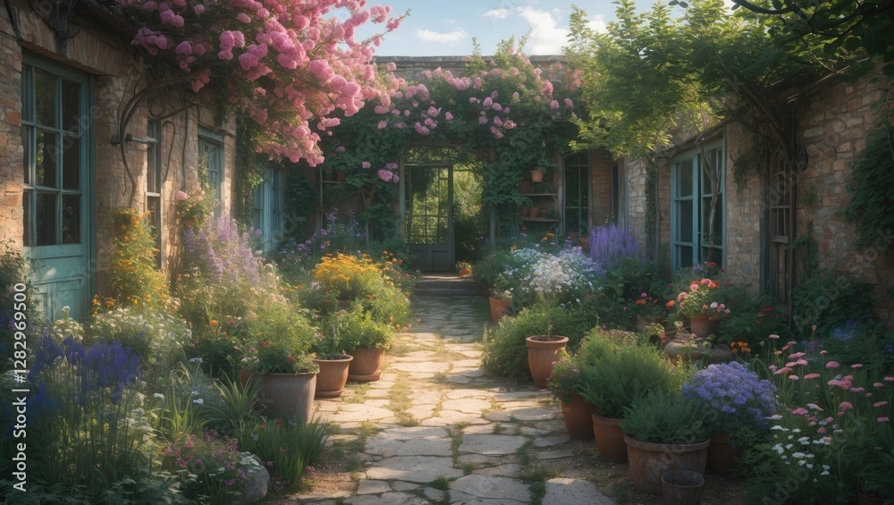 Fototapeta premium charming garden courtyard adorned with blooming flowers and lush greenery in rustic setting with stone pathway and pots