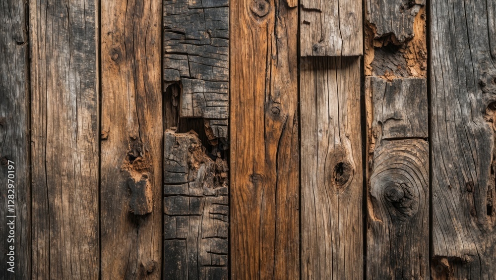 Naklejka premium Old weathered wooden planks with various textures and colors arranged in a rustic background pattern