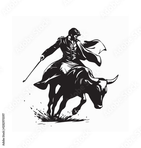 Matador With Bull Vector. Black and white Bull rider Vector Images 