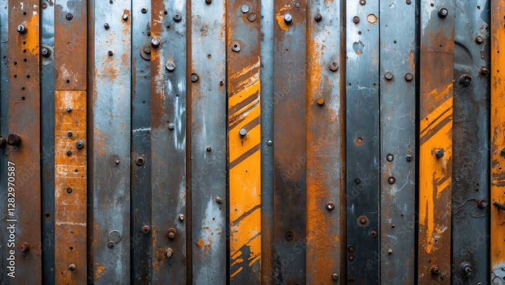 Rustic metal texture background with blue and orange paint streaks and visible rusted spots on a series of vertical metal panels. Rustic metal texture background with blue and orange paint streaks and visible rusted spots on a series of vertical metal panels.