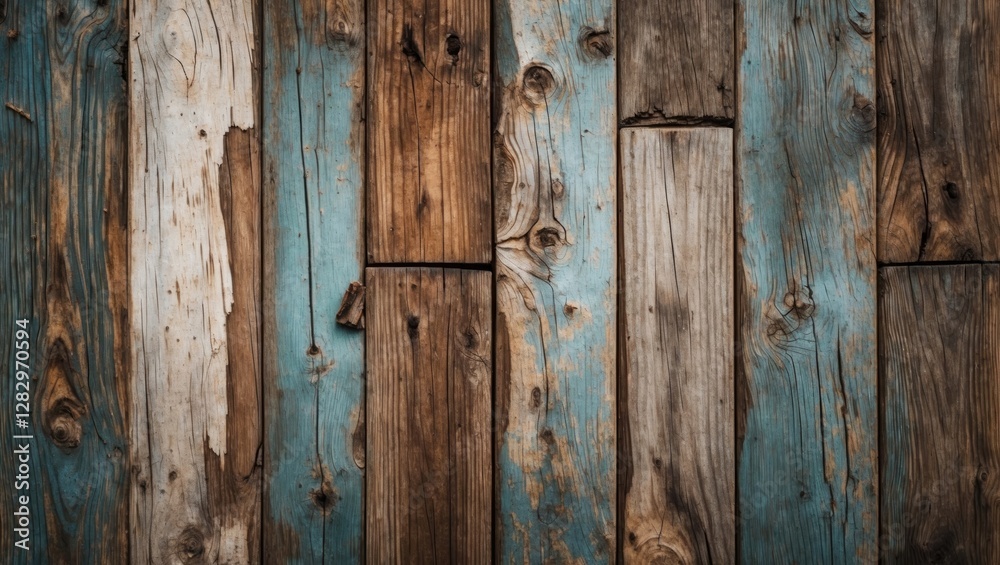 Naklejka premium Textured wooden surface with a mix of brown and blue paint on planks arranged in a rustic pattern background