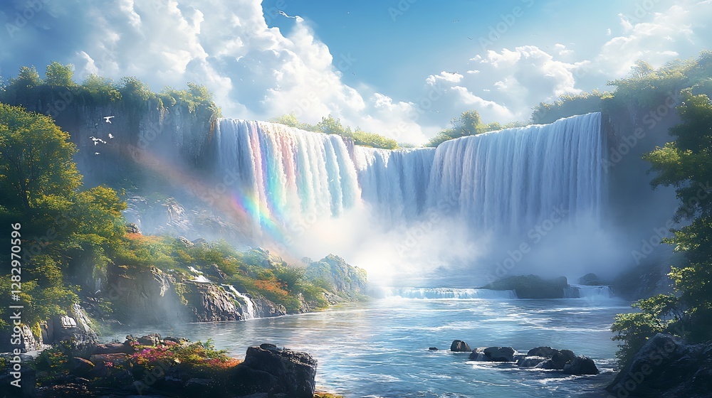 Fototapeta premium A serene anime-style depiction of Niagara Falls, cascading waters sparkling in sunlight, colorful rainbow mist rising in a dreamy ambiance,