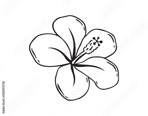 Hand drawn hibiscus flower, chinese rose doodle icon. Hibiscus outline icon, simple vector line clipart drawing, black and white isolated image on a white background.