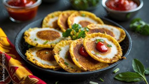 Wallpaper Mural Delicious golden brown rice pancakes with toppings served in a black bowl garnished with cilantro and accompanied by sauces and herbs Torontodigital.ca