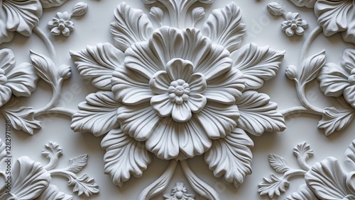 White floral relief plaster wall decoration with intricate details, showcasing a symmetrical design featuring large flowers and leaves.