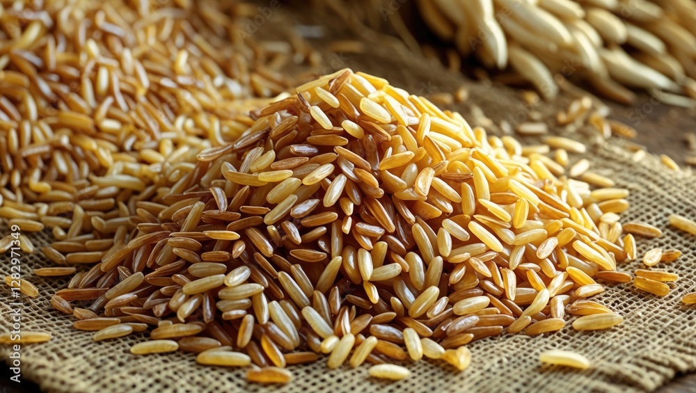 Fototapeta premium Brown rice grains piled on burlap surface with scattered grains, natural texture and farm background, healthy food and nutrition concept.