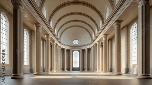 A legislative hall with massive stone pillars and high vaulted ceilings. Featuring power and dignity