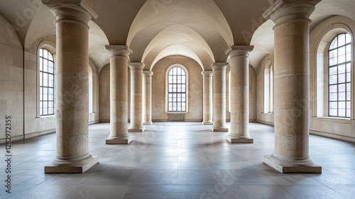 A legislative hall with massive stone pillars and high vaulted ceilings. Featuring power and dignity