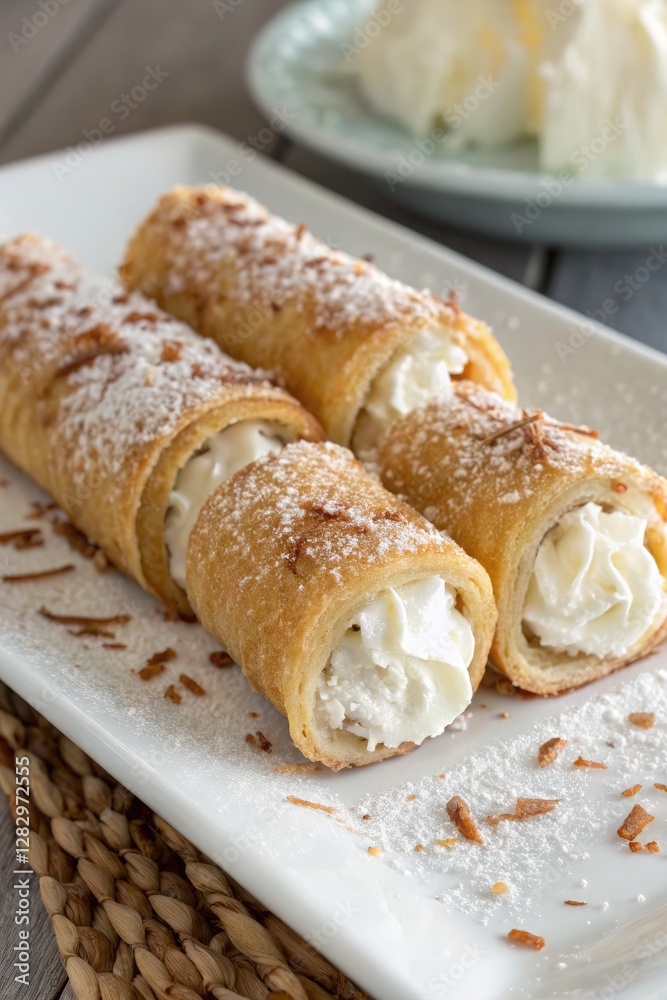 Coconut Cream Puff Pastry Rolls Served on a Decorative Plate. Generative AI Coconut Cream Puff Pastry Rolls Served on a Decorative Plate. Generative AI