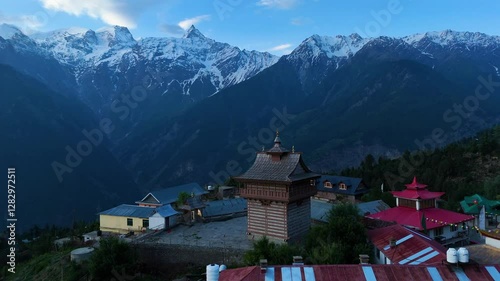 Wallpaper Mural Aerial drone shot offering a panoramic view of Kalpa and the snow-clad Kinner Kailash peaks. Torontodigital.ca