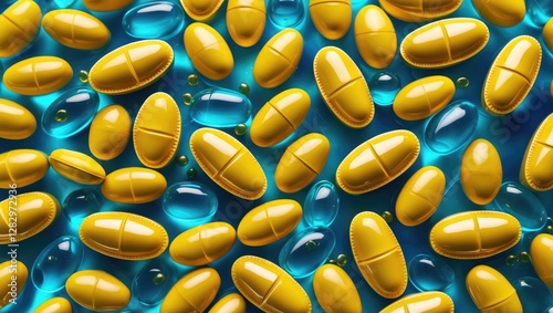 Assorted yellow and blue capsules and gel pills on a blue background in a flat lay arrangement showing various shapes and sizes.