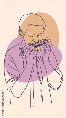 Musician playing harmonica with emotion and skill on soft abstract background