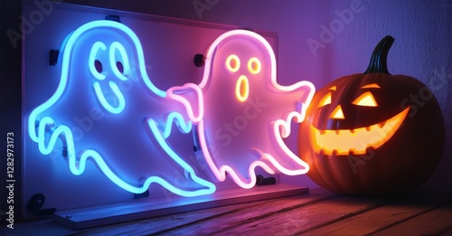 Halloween-themed neon sign featuring glowing ghosts in pink and blue beside a carved jack-o'-lantern with a flickering light. A crescent moon adds to the eerie festive atmosphere photo