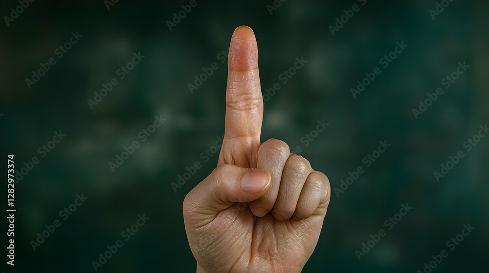 Hand gesture, pointing index finger, dark background, attention Hand gesture, pointing index finger, dark background, attention