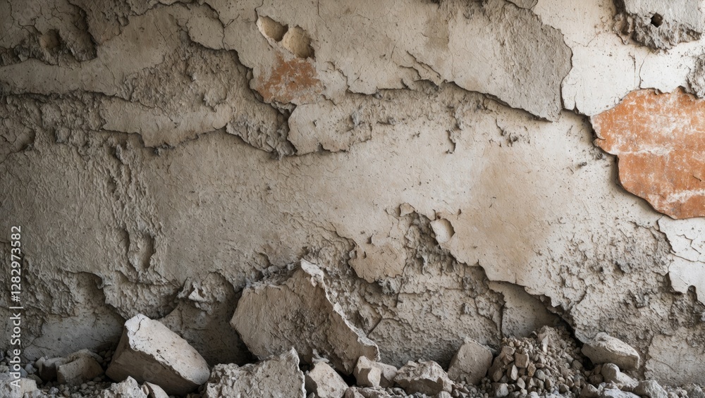 Fototapeta premium Textured cracked wall with peeling plaster and debris on the floor showing signs of neglect and deterioration in an interior space