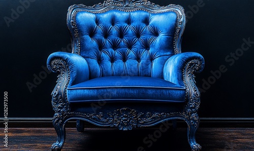 Ornate Blue Velvet Armchair Against Dark Background