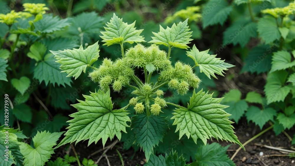 Green wild plant with serrated leaves and clusters of flowering buds in a natural outdoor setting. Green wild plant with serrated leaves and clusters of flowering buds in a natural outdoor setting.