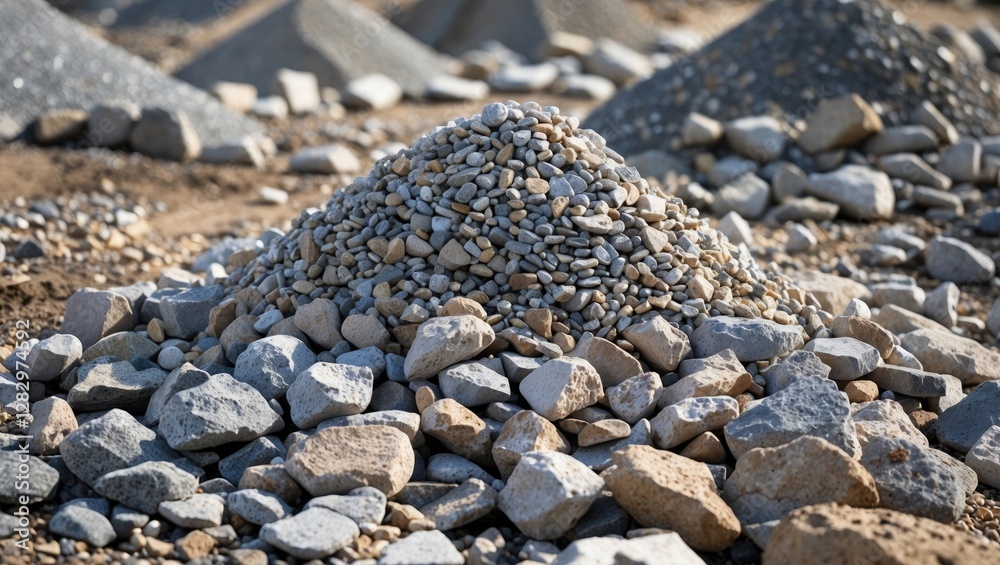 Pile of gravel and rocks on a construction site with various sizes and shapes of stones in outdoor setting under natural light