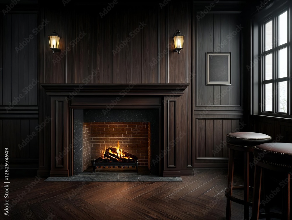 Cozy rustic interior with a warm fireplace and wooden accents. Cozy rustic interior with a warm fireplace and wooden accents.