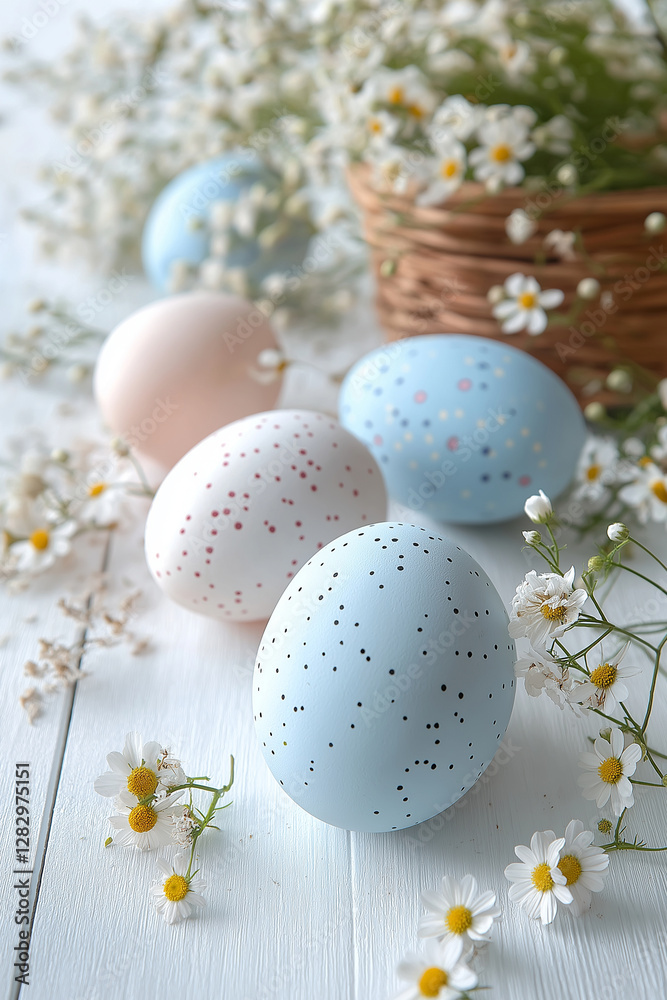 Easter Background: Pastel-colored Easter eggs on a white wooden background, accented with small flowers and baskets. Easter Background: Pastel-colored Easter eggs on a white wooden background, accented with small flowers and baskets.
