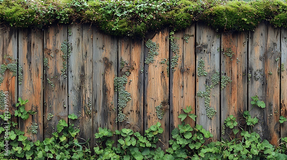 Rustic Wood Fence with Moss and Greenery Overgrowth Texture Detail Rustic Wood Fence with Moss and Greenery Overgrowth Texture Detail