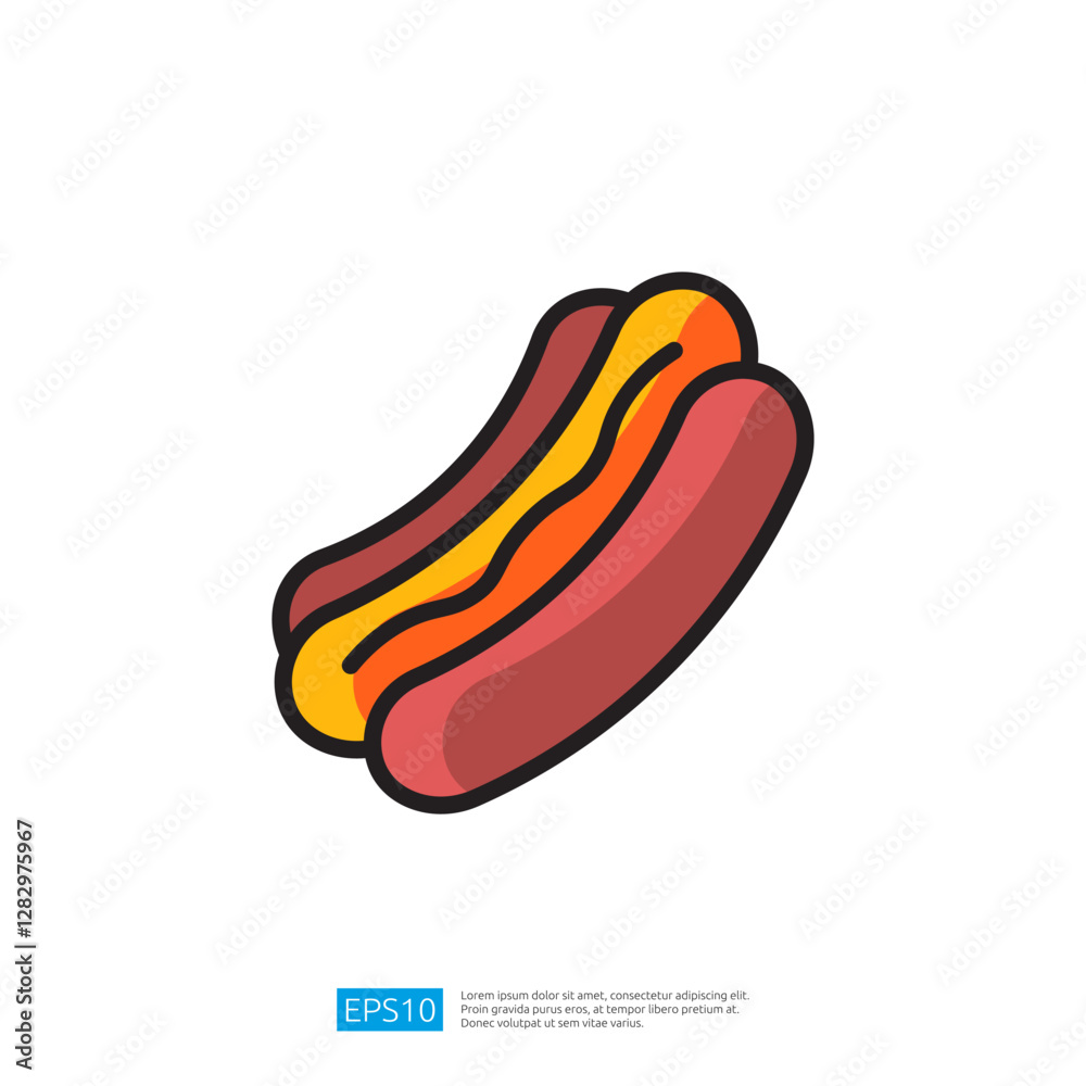 Colorful Icon of a Juicy Hotdog with Toppings in a Visual Representation of Fast Food Delights Colorful Icon of a Juicy Hotdog with Toppings in a Visual Representation of Fast Food Delights
