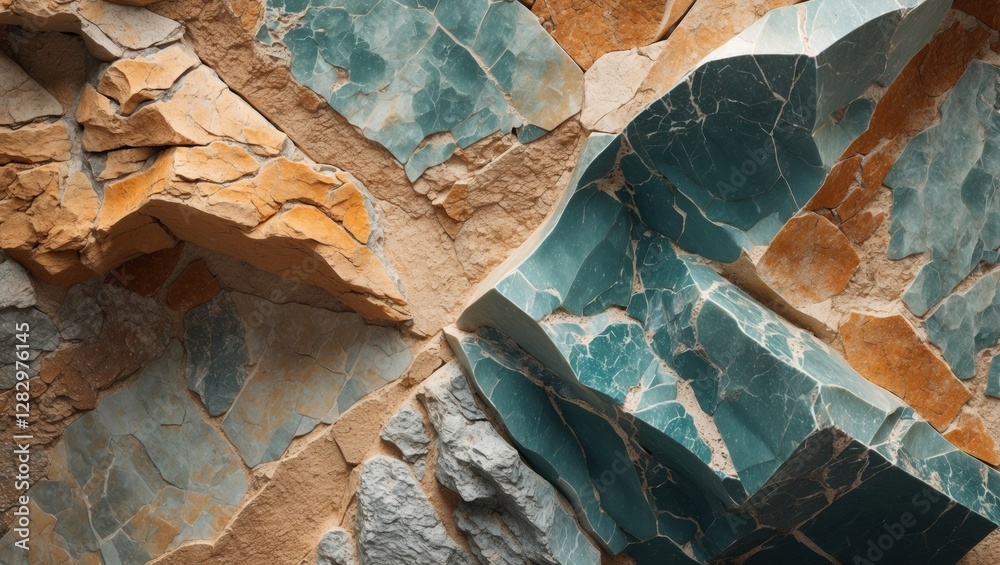 Fototapeta premium Colorful textured stone wall with various shades of teal, orange, and gray rock formations arranged in a geometric pattern