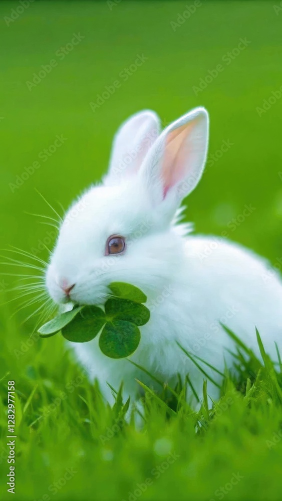 Close up of a Fluffy White Rabbit Munching on Clovers. Generative AI Close up of a Fluffy White Rabbit Munching on Clovers. Generative AI