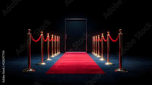 Red Carpet Leading to a Dark Entrance with Golden Stanchions in a Night Time Setting