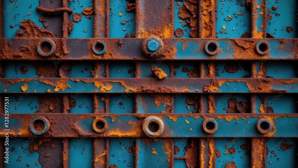 Rusty metal surface with blue background showing corrosion and texture details from old industrial equipment Rusty metal surface with blue background showing corrosion and texture details from old industrial equipment