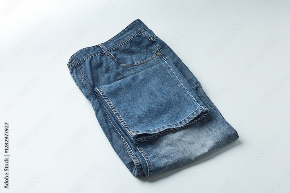Folded Blue Denim Jeans on a White Background Ready for Storage or Sale Folded Blue Denim Jeans on a White Background Ready for Storage or Sale