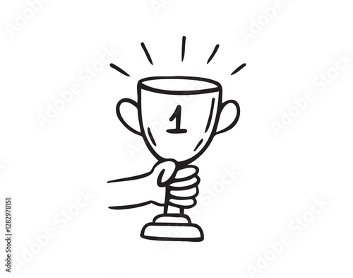 Doodle hand holds champions cup cartoon. hand drawn sketch style winner cup concept design.