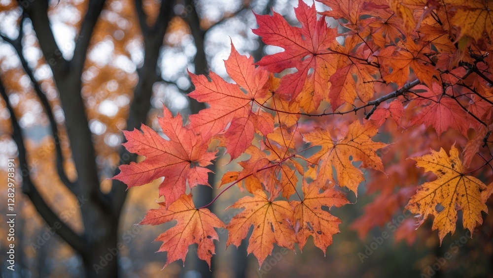 Colorful autumn leaves with vibrant hues of red and orange against a blurred background of trees in fall season Colorful autumn leaves with vibrant hues of red and orange against a blurred background of trees in fall season