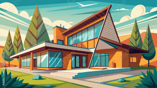  A modern ranch with an asymmetrical layout, showcasing sharp angles and a blend of wood and metal.