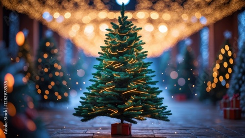 Christmas tree decorated with lights and presents surrounded by blurred holiday lights in a festive indoor setting during winter season