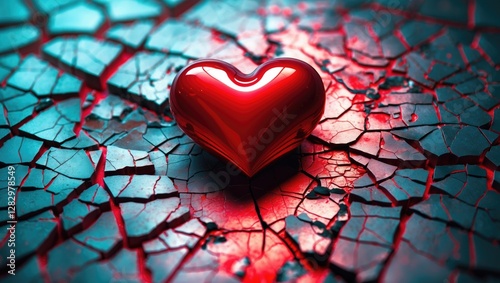Red glossy heart shape on cracked surface with blue and red lighting contrasts creating dramatic effect