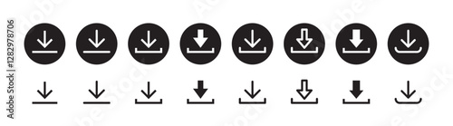 Download icon symbol. Round sign down arrow. Download icon for apps, websites interface.