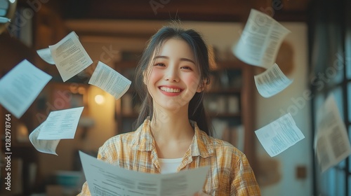 excited asian woman tearing bill at home enjoying financial independence debt free lifestyle and economic empowerment with smart budgeting and expense control