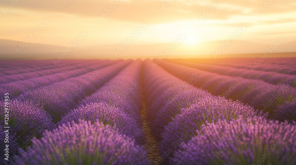 Fototapeta premium Lavender field at sunset with vibrant colors.