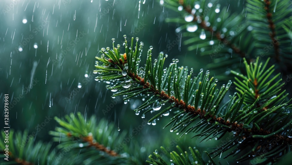 Close-up of pine tree branch with rain droplets on needles against blurred background in forest environment. Close-up of pine tree branch with rain droplets on needles against blurred background in forest environment.