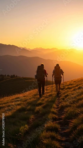 Two hikers trekking at sunset, vertical footage