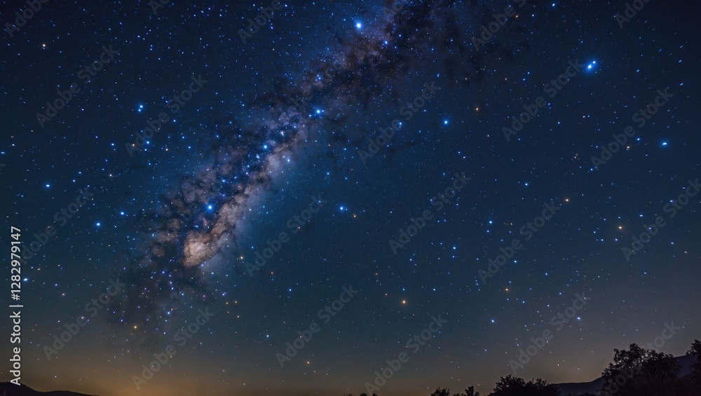 Fototapeta premium Starry night sky with galaxy and bright stars over a dark landscape natural astronomy scene 28035