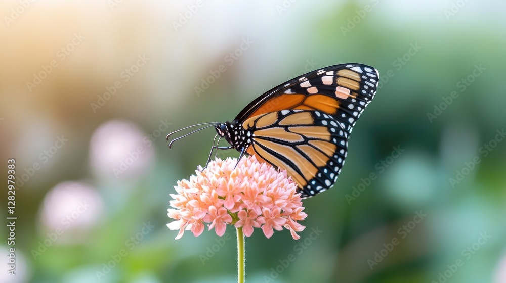 Fototapeta premium Monarch butterfly on pink flower, garden background, nature photography, ideal for nature publications