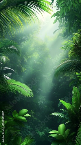 Lush green forest with soft sunlight rays.