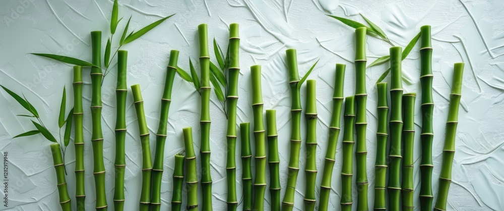 Obraz premium Green bamboo stalks with leaves arranged vertically on textured light background