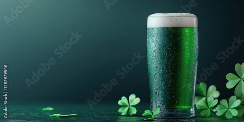 Wallpaper Mural A vibrant green beer is served in a glass, surrounded by clovers, set against a dark background, evoking a festive, celebratory atmosphere. Torontodigital.ca