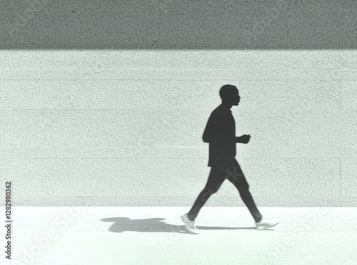silhouette of person walking briskly against textured wall, casting shadow on ground. minimalist scene emphasizes movement and simplicity
