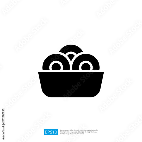 Icon of a Black Bowl Filled with Delicious Baked Snacks in Circular Shapes Representing Yummy Treats and Appetizers