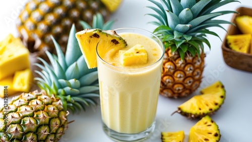 Fresh pineapple smoothie in a glass garnished with pineapple slices surrounded by whole pineapples and cut pieces on a white surface