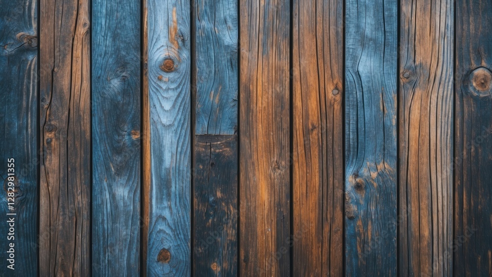 Blue and brown rustic wooden planks texture background with varying grain patterns and weathered appearance Blue and brown rustic wooden planks texture background with varying grain patterns and weathered appearance
